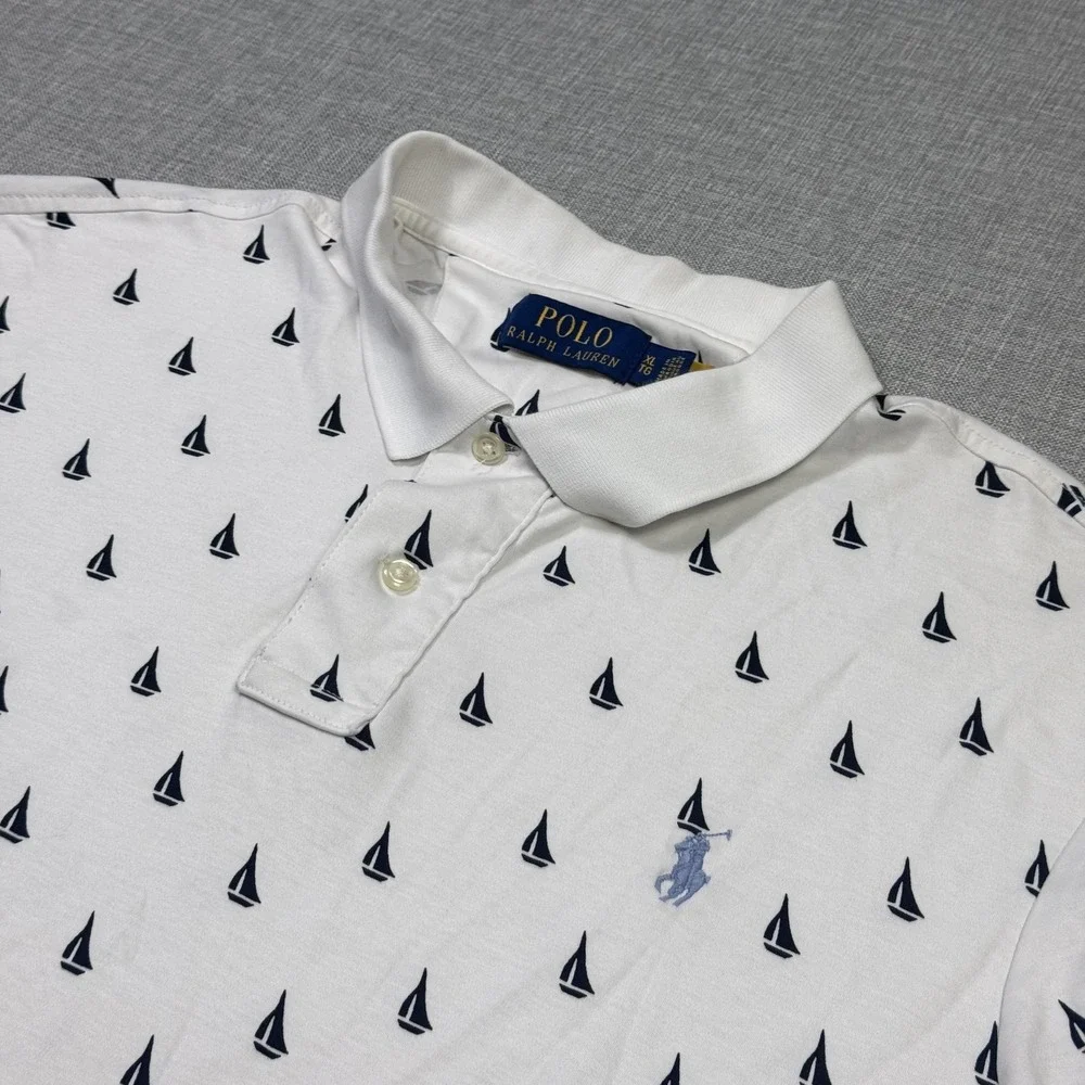 Polo Ralph Lauren Sailboat Print Polo Shirt Mens XL White Embroidered Pony